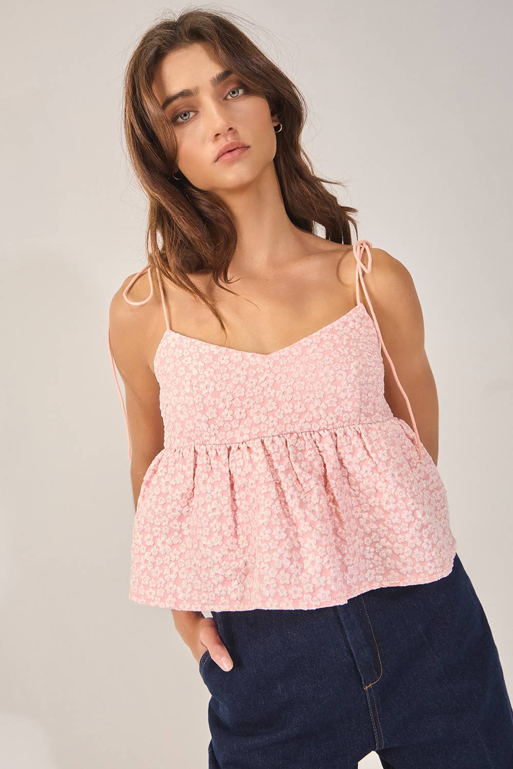 BUCKETLIST - IT2474 Floral Jacquard Tie Shoulder Flowy Babydoll Tank Top: TAUPE / S-M-L (2-2-2)