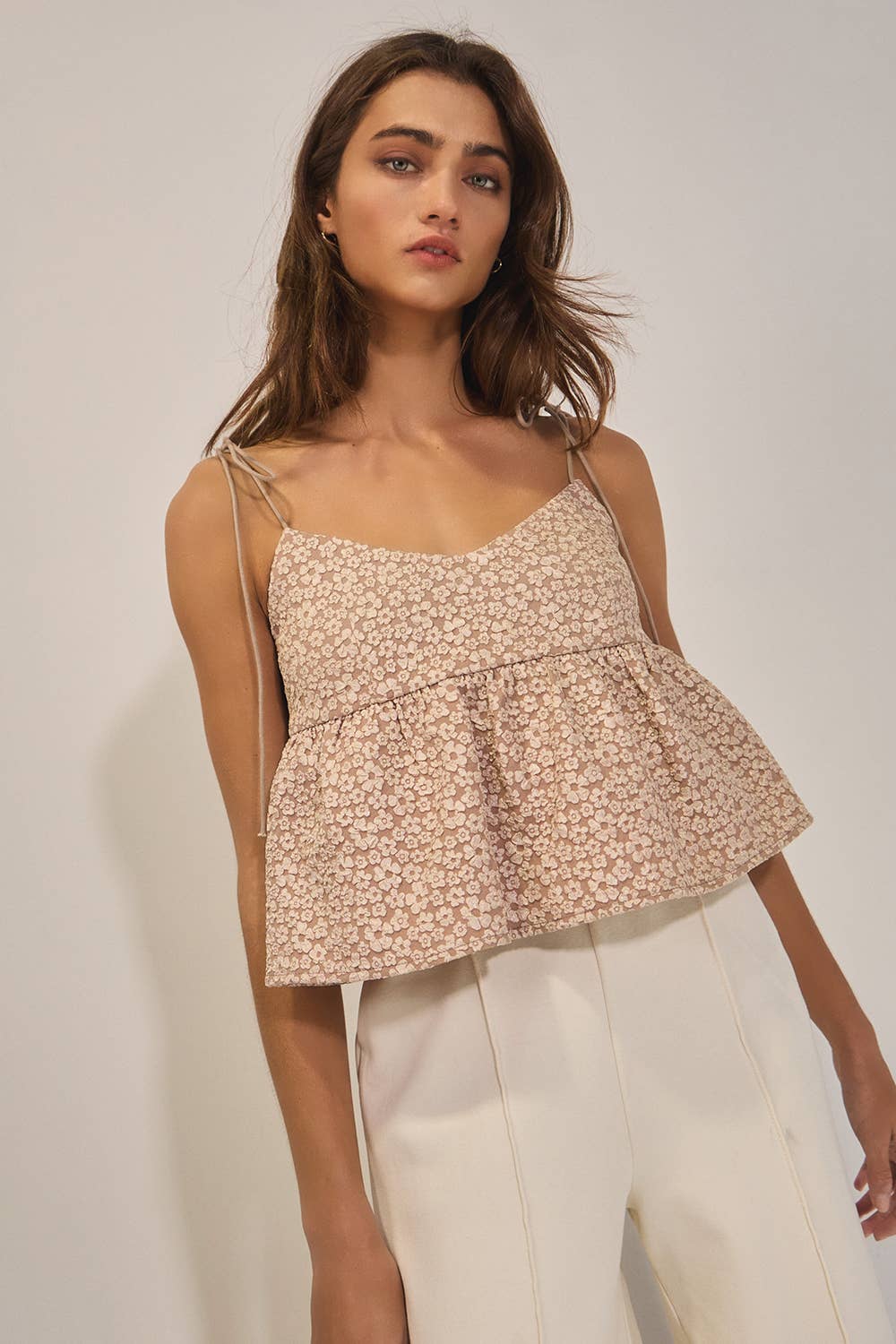 BUCKETLIST - IT2474 Floral Jacquard Tie Shoulder Flowy Babydoll Tank Top: TAUPE / S-M-L (2-2-2)