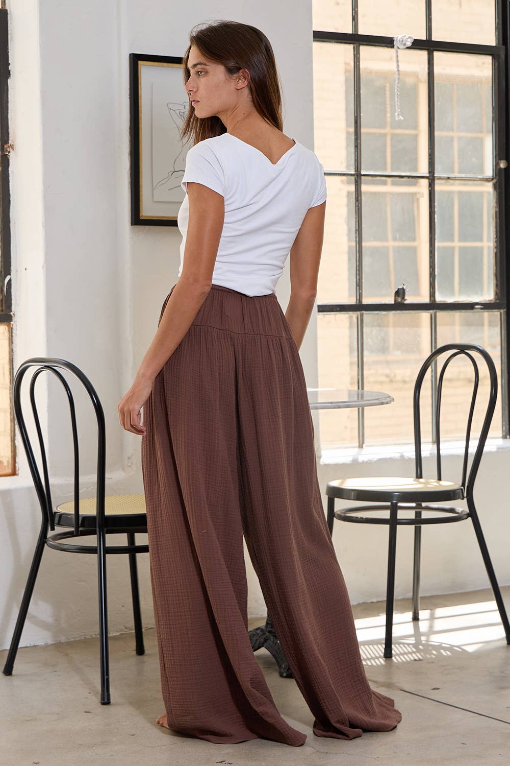 BUCKETLIST - P5548 Wide Leg Flattering Drape Solid Cotton Gauze Pants: Brown / S-M-L (2-2-2)