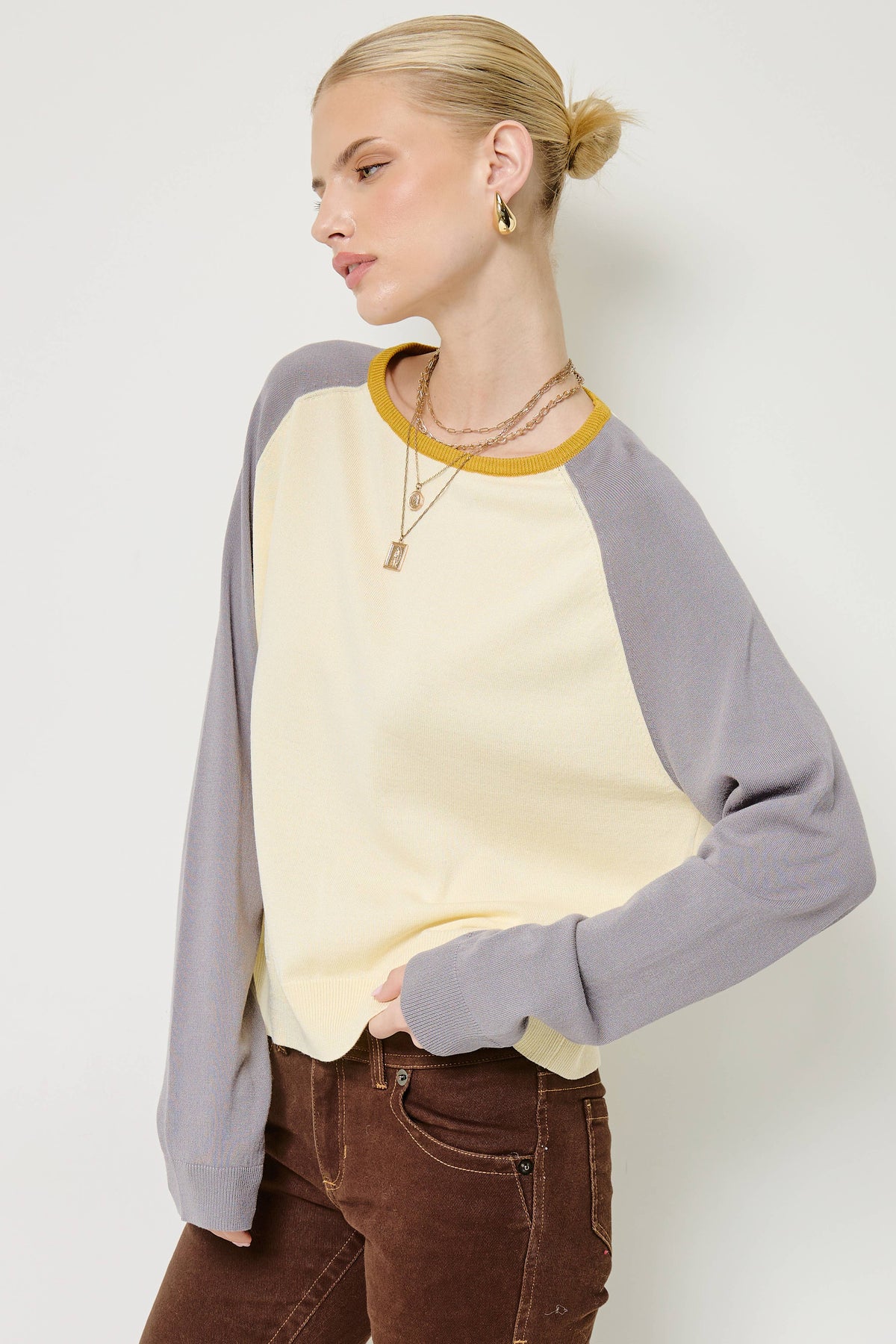 Mimosa - Colorblock Raglan Sleeve Knit Sweater: Lemonade / L