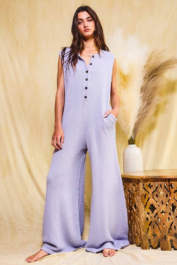 BUCKETLIST - IR5426 Wide Leg Button-up Loose Fit Solid Sweater Jumpsuit: HEATHER GREY / S-M-L (2-2-2)