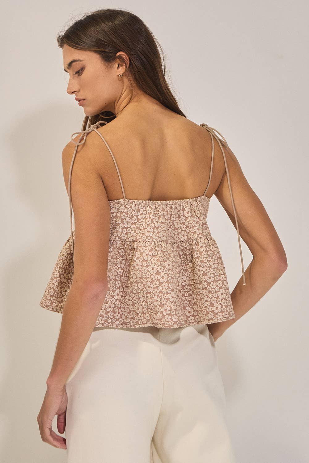 BUCKETLIST - IT2474 Floral Jacquard Tie Shoulder Flowy Babydoll Tank Top: TAUPE / S-M-L (2-2-2)