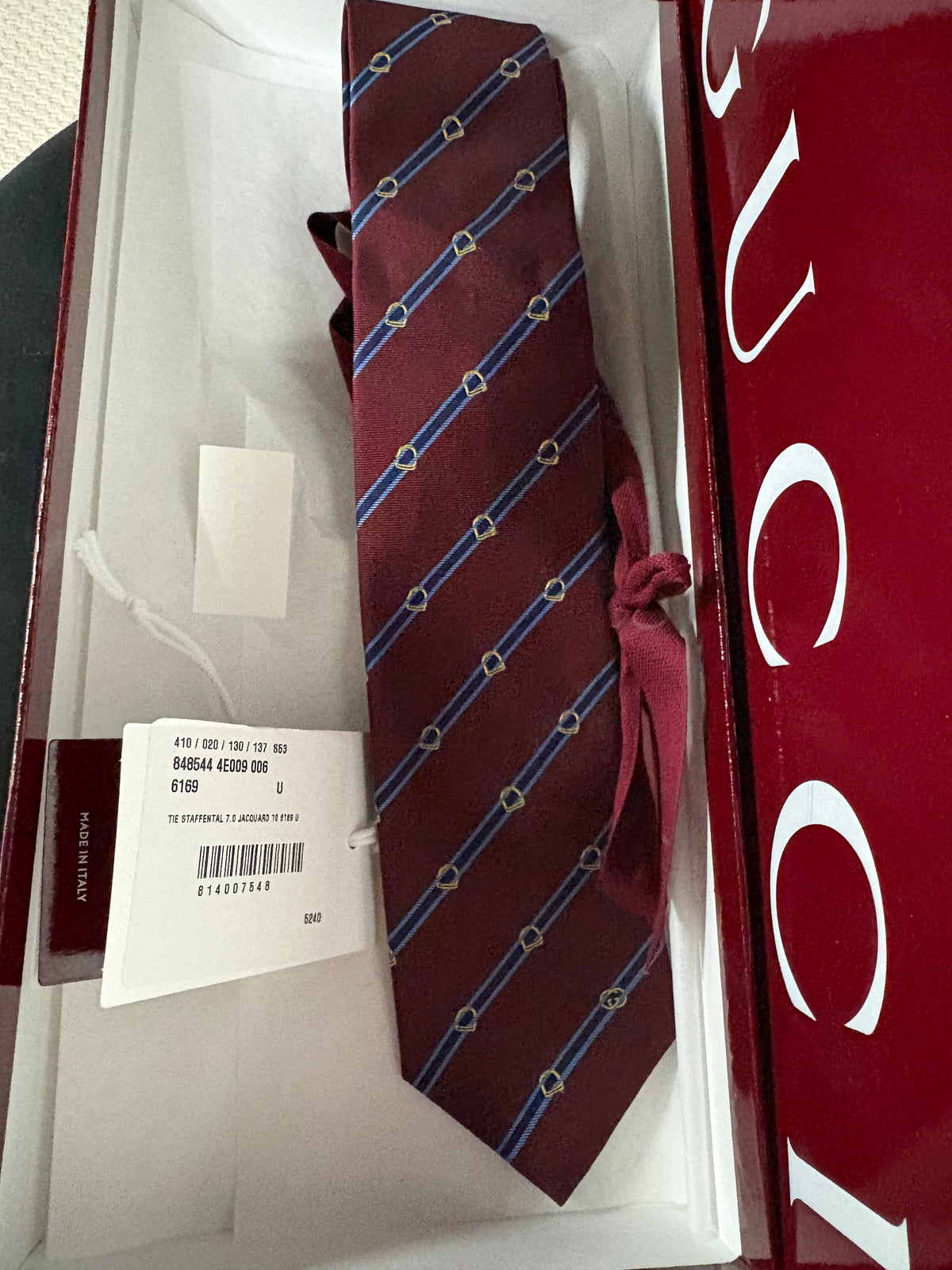 Gucci Horsebit Silk Jacquard Tie Bordeaux Burgundy Blue Made in Italy with Box