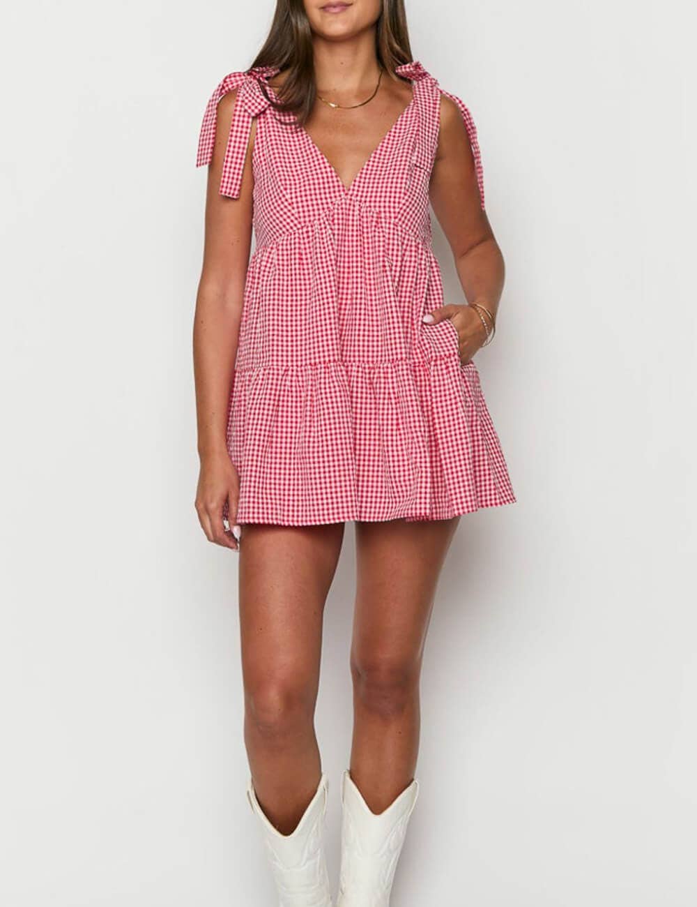 Dipped Shop - Casual Plaid Tie-Strap V-Neck Mini Dress DP25D577: Black / M