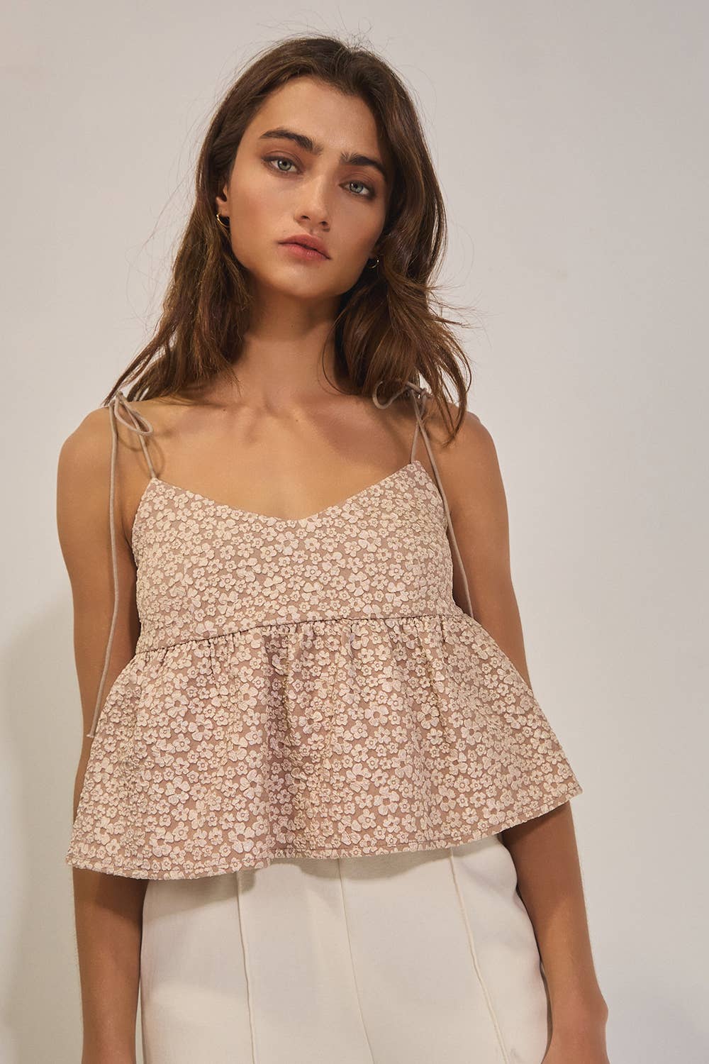 BUCKETLIST - IT2474 Floral Jacquard Tie Shoulder Flowy Babydoll Tank Top: TAUPE / S-M-L (2-2-2)