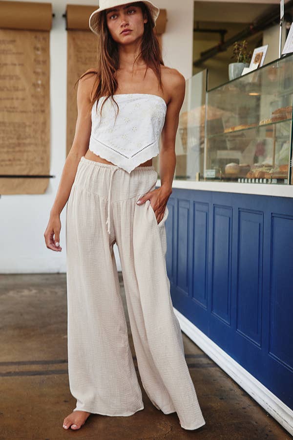 BUCKETLIST - P5548 Wide Leg Flattering Drape Solid Cotton Gauze Pants: Brown / S-M-L (2-2-2)