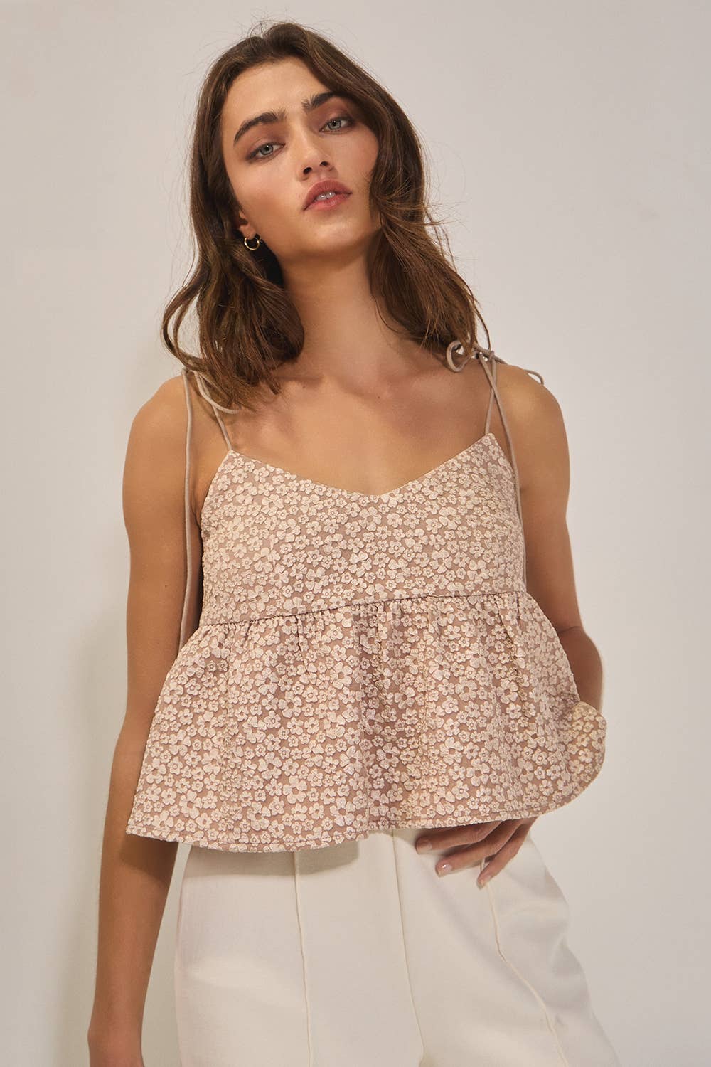 BUCKETLIST - IT2474 Floral Jacquard Tie Shoulder Flowy Babydoll Tank Top: TAUPE / S-M-L (2-2-2)