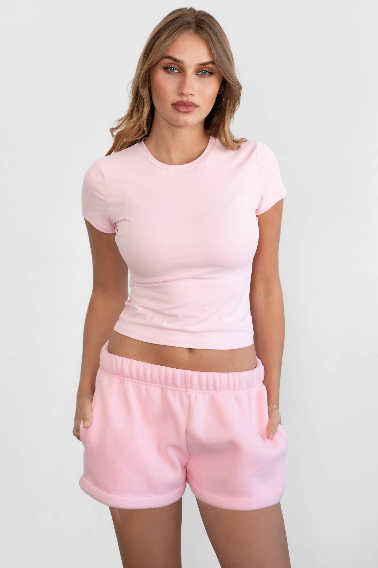 TICTOC - ARIET Brushed Poly Elevated Round Neck Short Sleeve Top : Blush / 3 SMALL 2 MEDIUM 1 LARGE