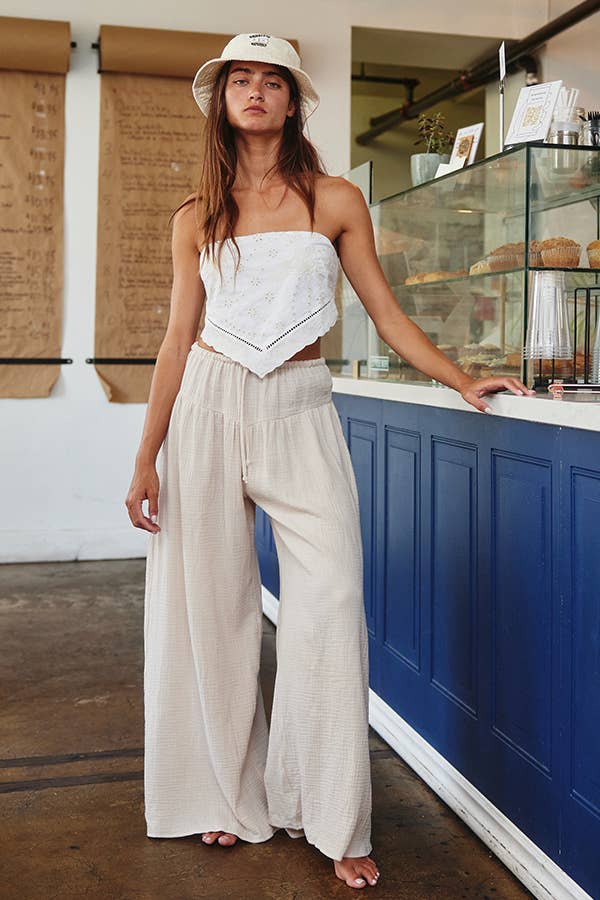 BUCKETLIST - P5548 Wide Leg Flattering Drape Solid Cotton Gauze Pants: Brown / S-M-L (2-2-2)