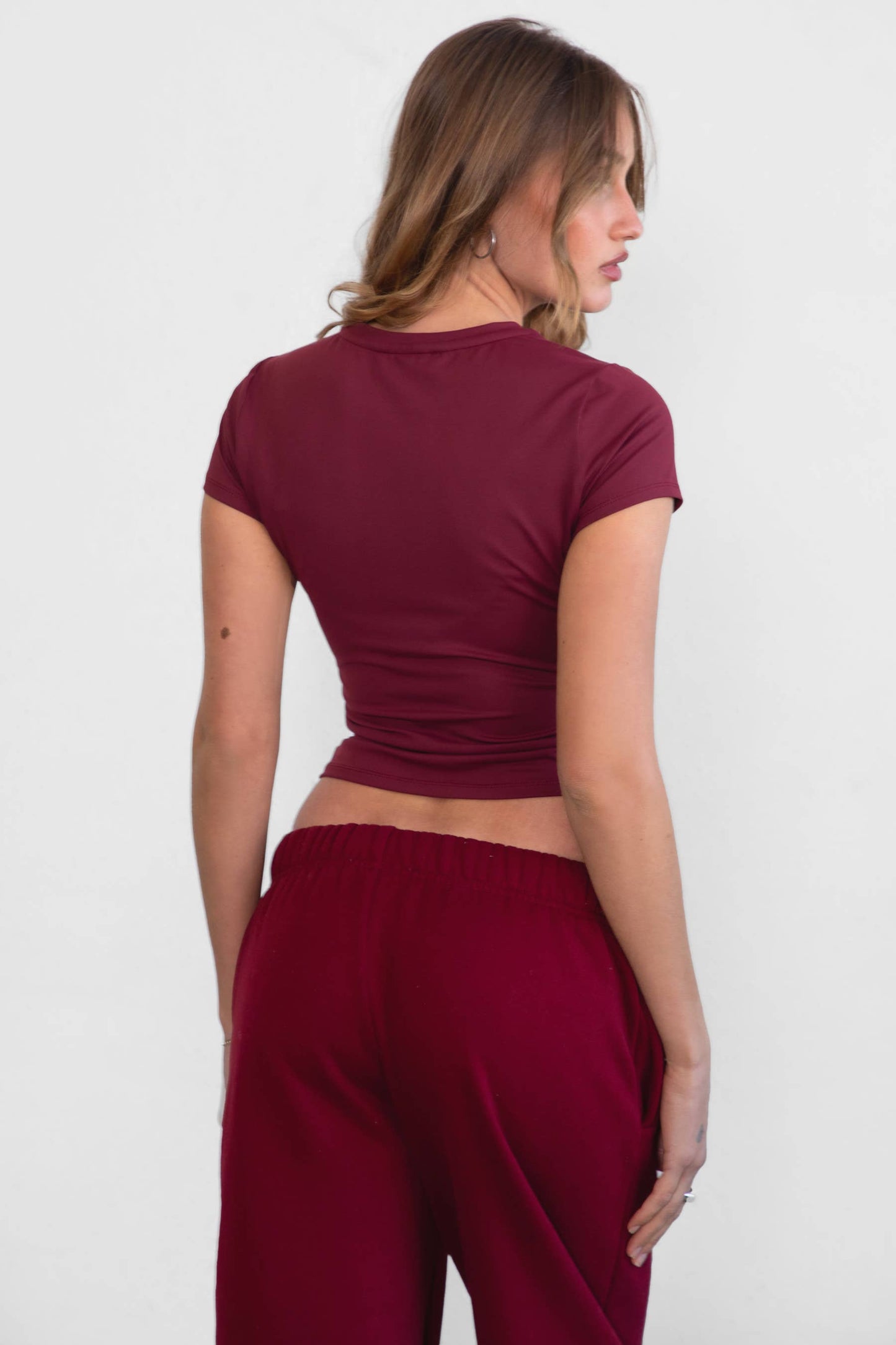 TICTOC - ARIET Brushed Poly Elevated Round Neck Short Sleeve Top : Blush / 3 SMALL 2 MEDIUM 1 LARGE
