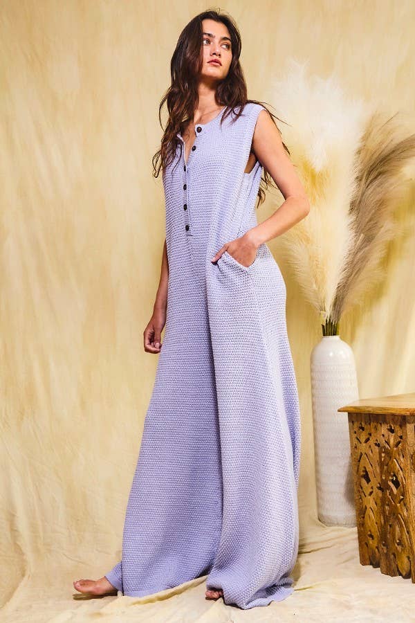 BUCKETLIST - IR5426 Wide Leg Button-up Loose Fit Solid Sweater Jumpsuit: HEATHER GREY / S-M-L (2-2-2)