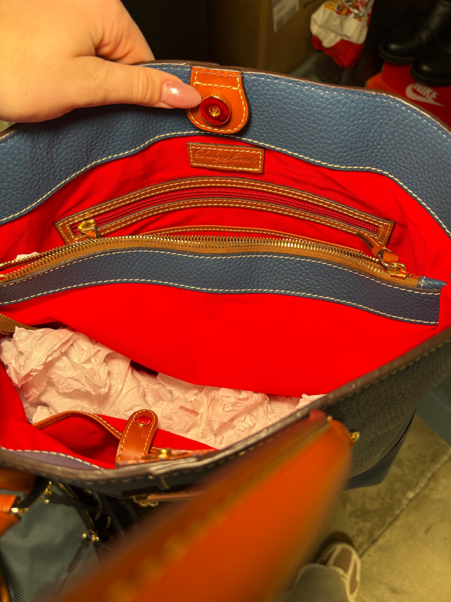 Dooney & Bourke Blue Pebbled Leather Tote with Tan Trim