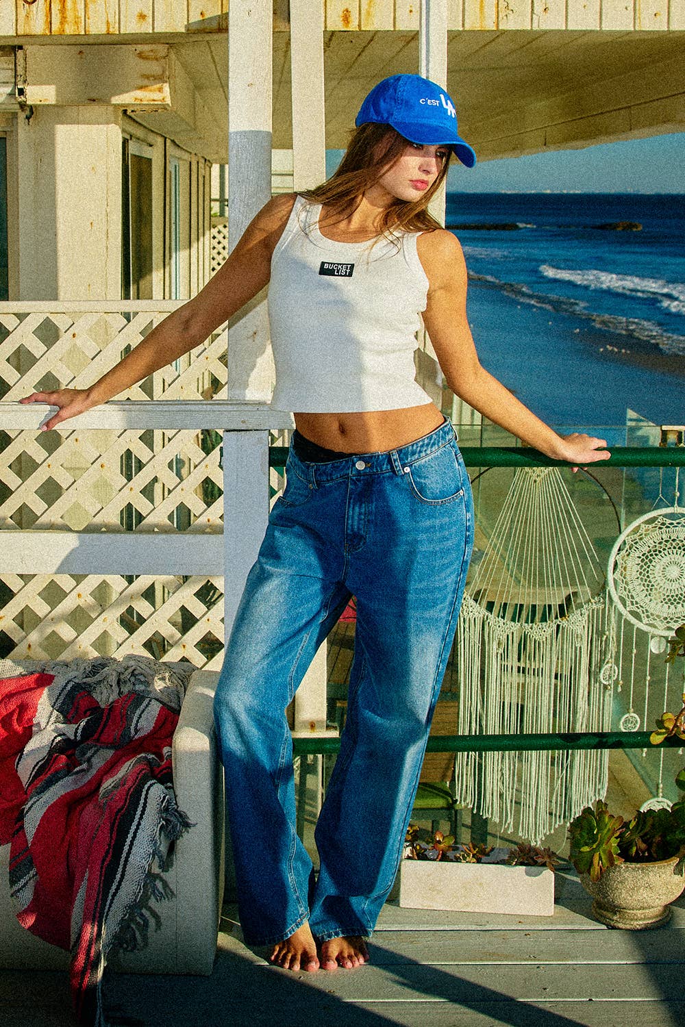 BUCKETLIST INC - IT2874 'BUCKETLIST' Letter Patched Ribbed Tank Top: White / S-M-L (2-2-2)