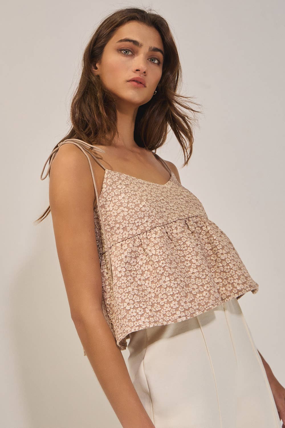 BUCKETLIST - IT2474 Floral Jacquard Tie Shoulder Flowy Babydoll Tank Top: TAUPE / S-M-L (2-2-2)