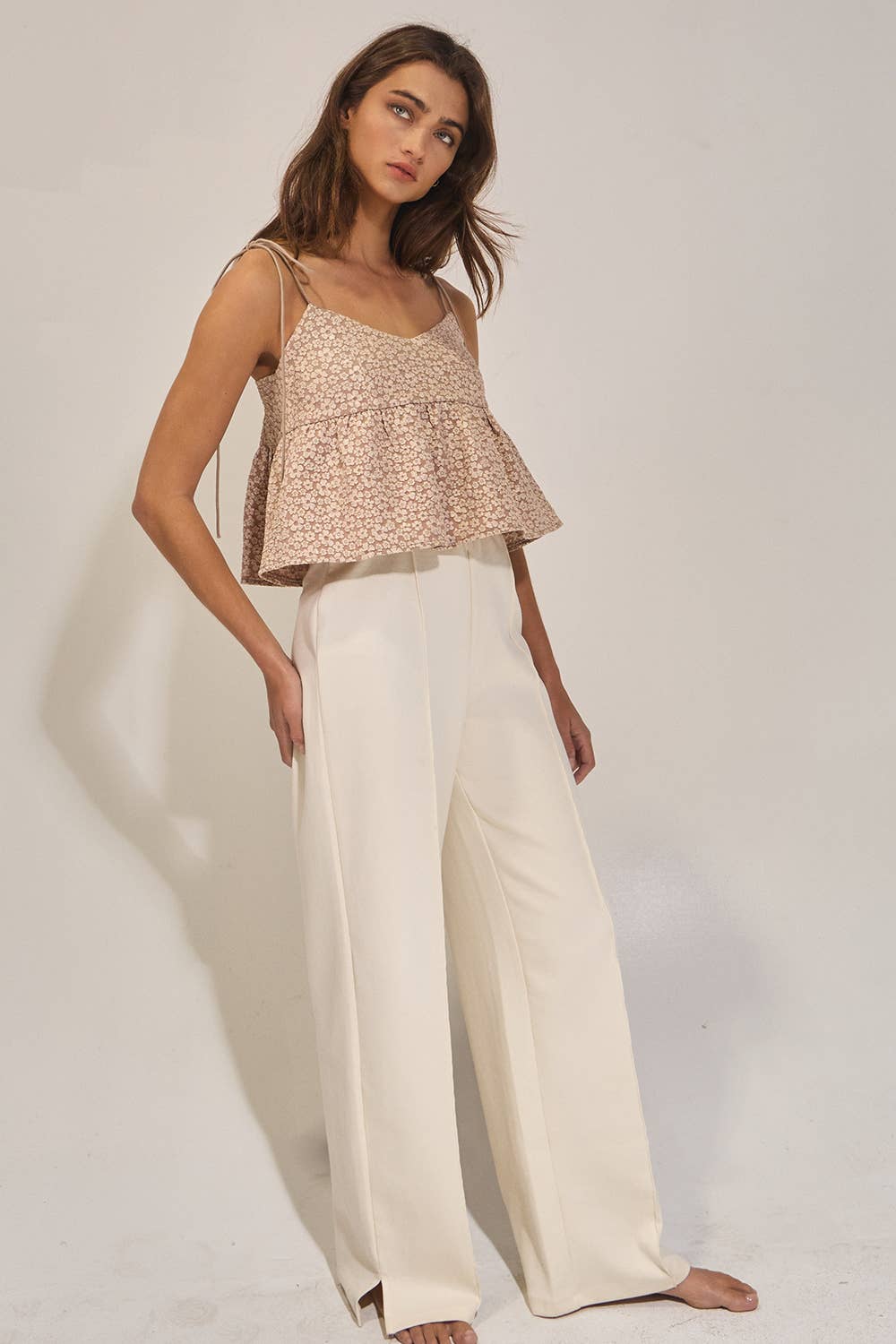 BUCKETLIST - IT2474 Floral Jacquard Tie Shoulder Flowy Babydoll Tank Top: TAUPE / S-M-L (2-2-2)
