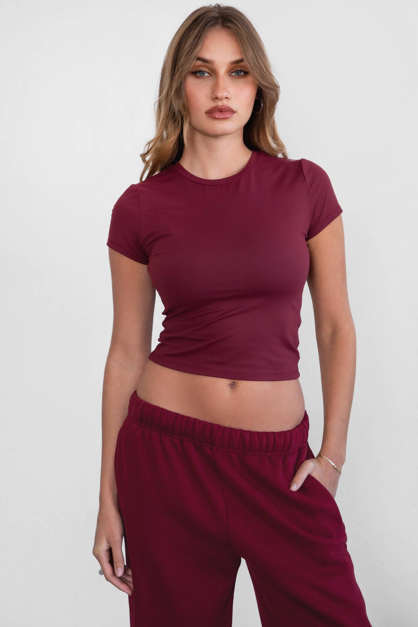 TICTOC - ARIET Brushed Poly Elevated Round Neck Short Sleeve Top : Blush / 3 SMALL 2 MEDIUM 1 LARGE