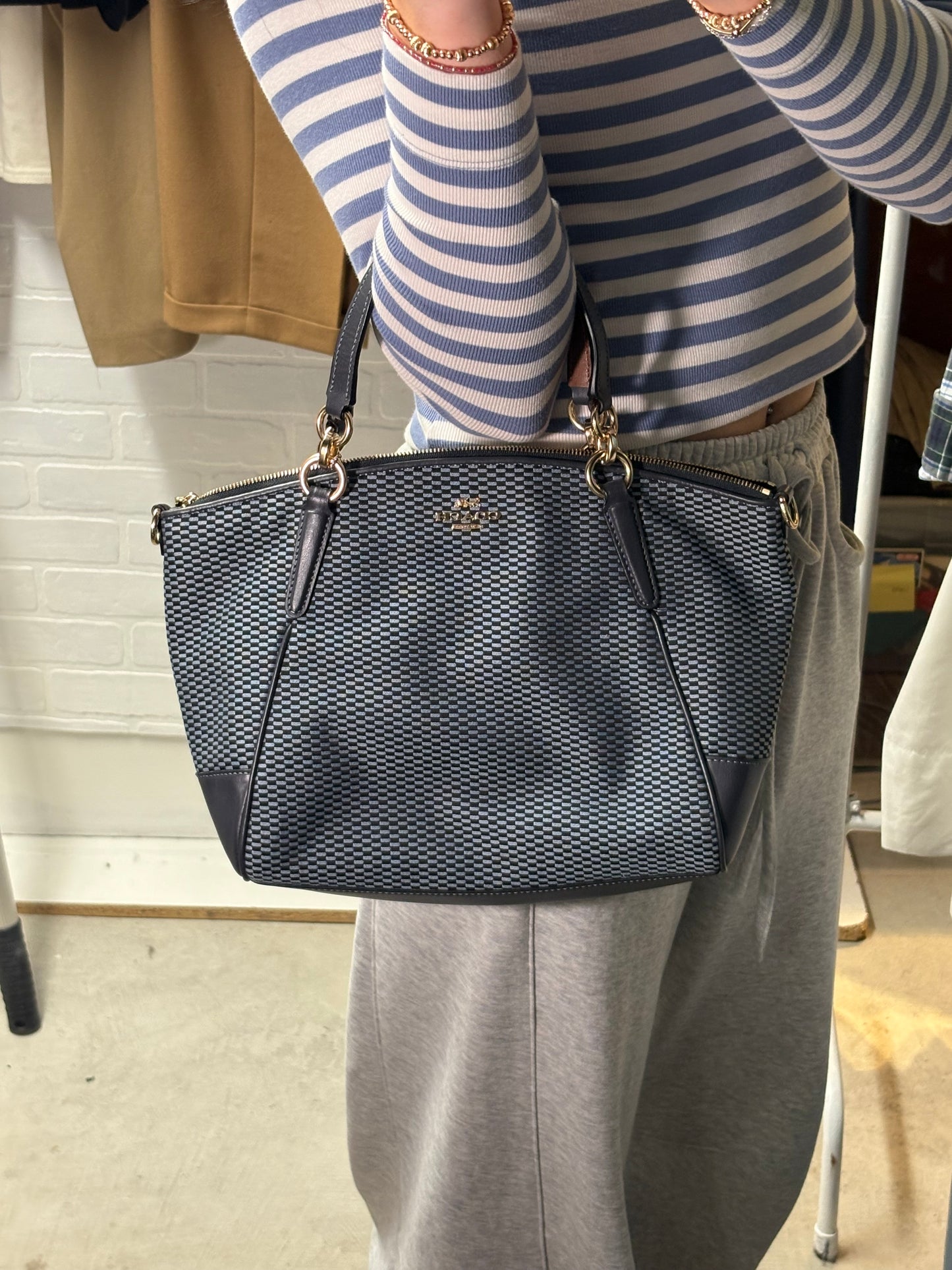 Coach Navy & Black Woven Signature Tote with Leather Trim