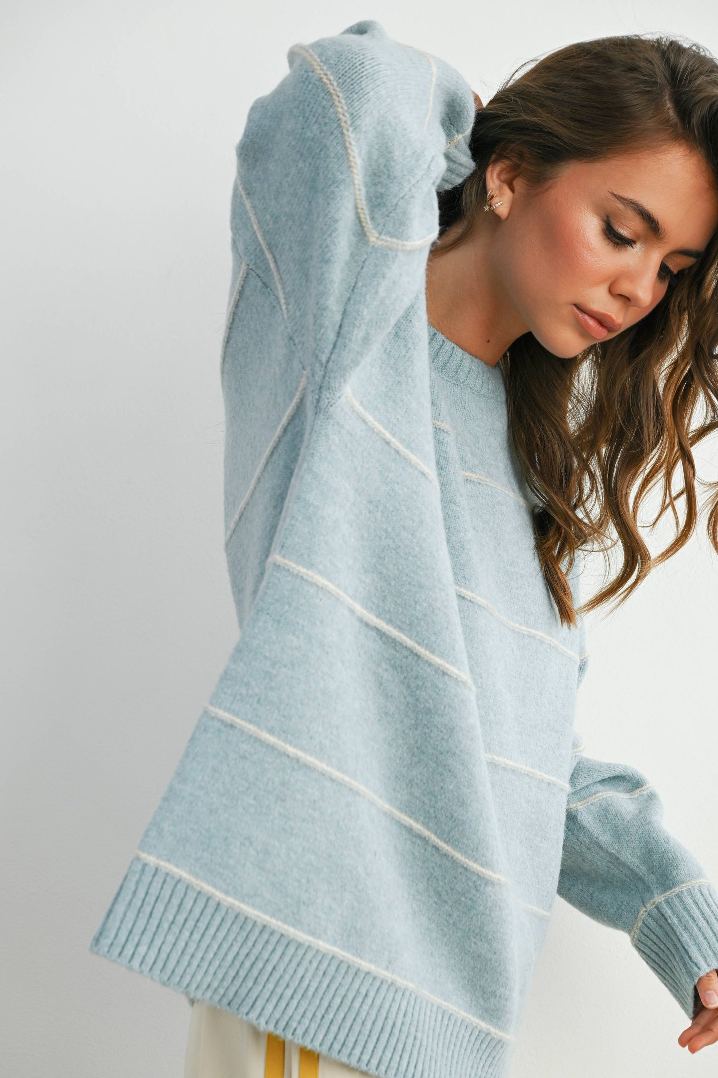 BUTTERMELON - Striped Pattern Drop Shoulder Sweater - BMW7421: MARIGOLD MULTI / S