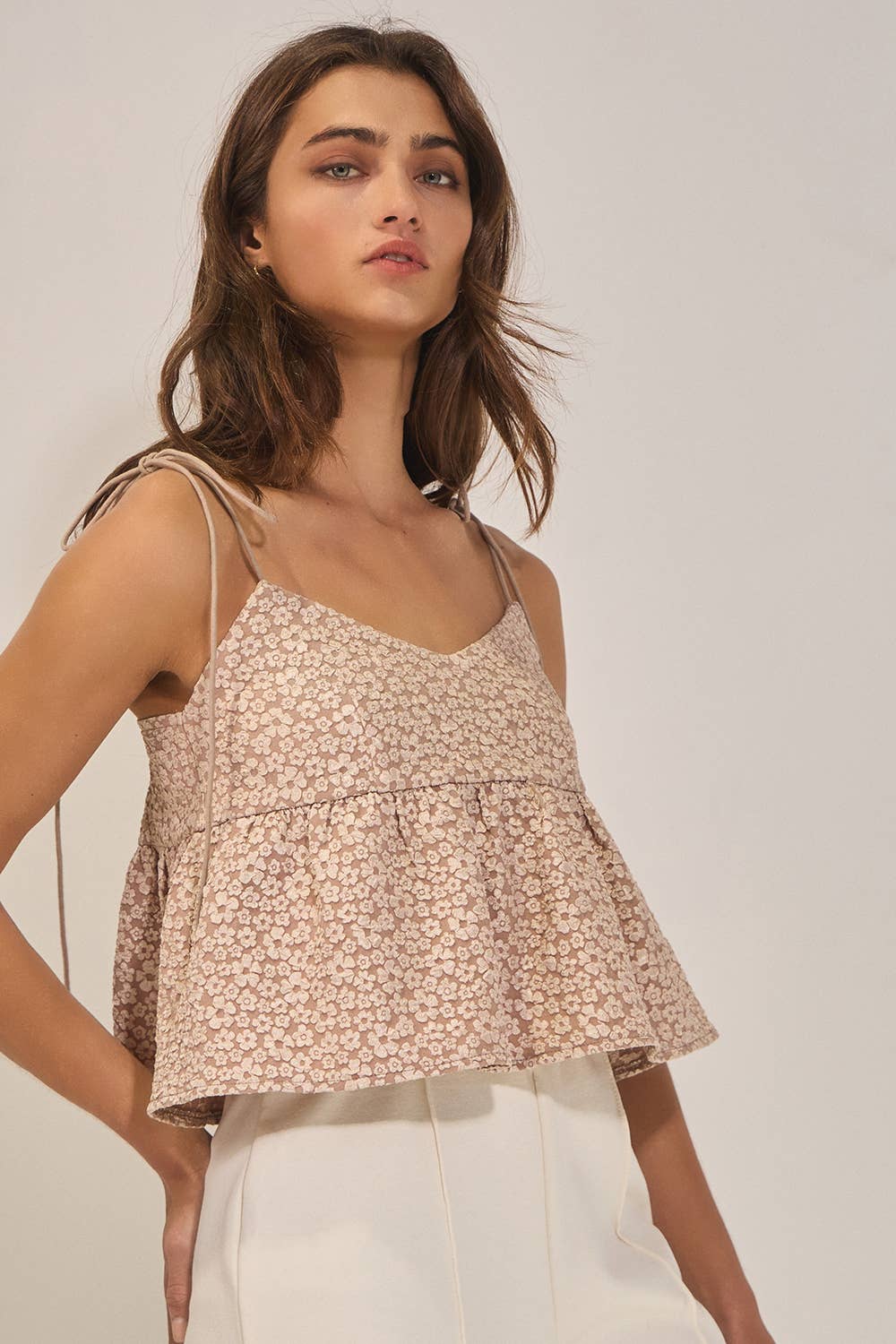 BUCKETLIST - IT2474 Floral Jacquard Tie Shoulder Flowy Babydoll Tank Top: TAUPE / S-M-L (2-2-2)