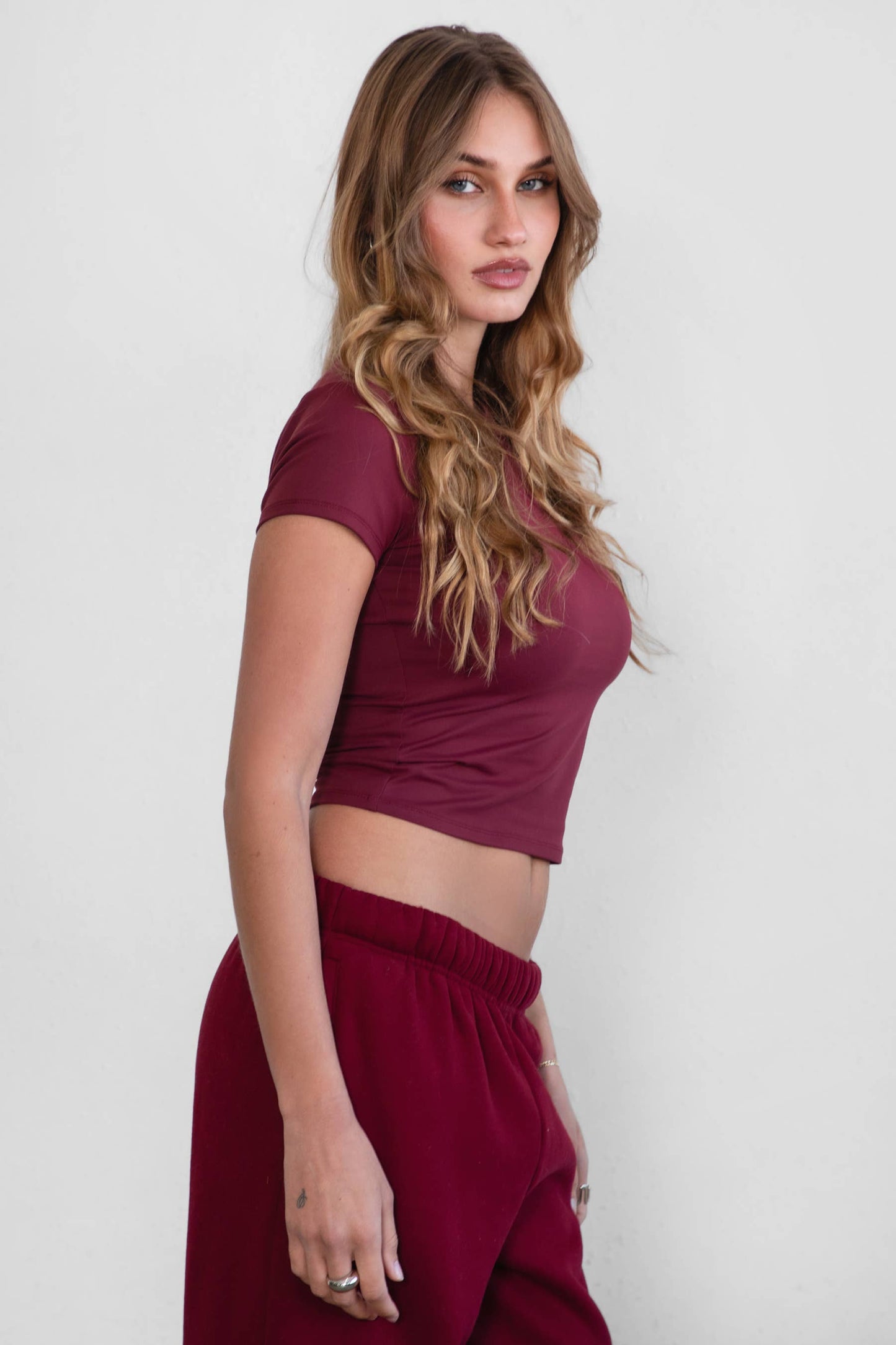 TICTOC - ARIET Brushed Poly Elevated Round Neck Short Sleeve Top : Blush / 3 SMALL 2 MEDIUM 1 LARGE