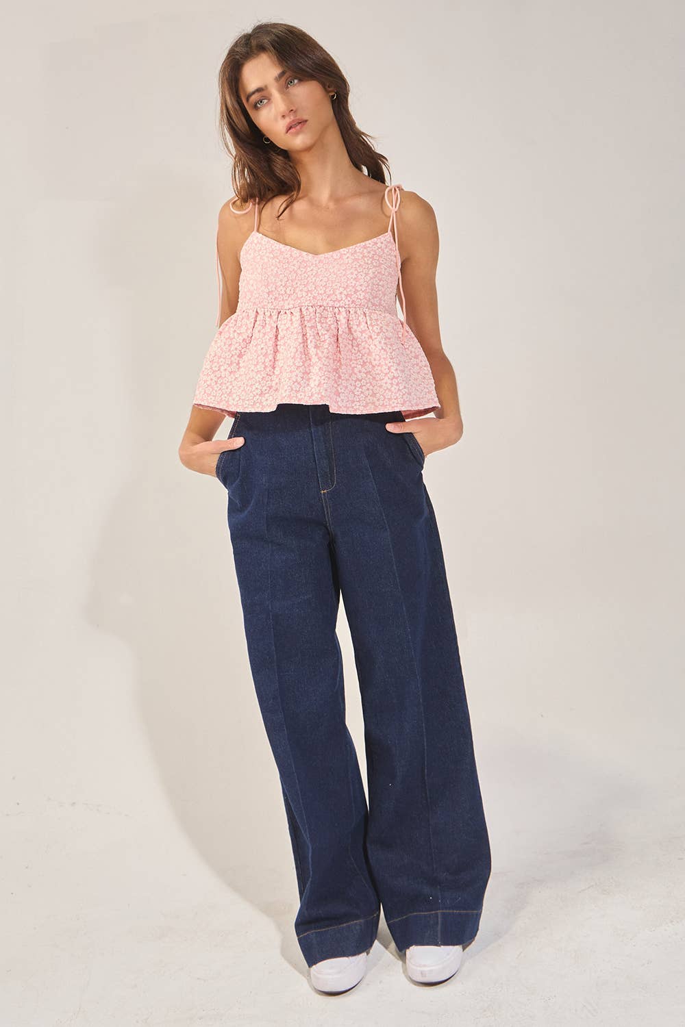 BUCKETLIST - IT2474 Floral Jacquard Tie Shoulder Flowy Babydoll Tank Top: TAUPE / S-M-L (2-2-2)