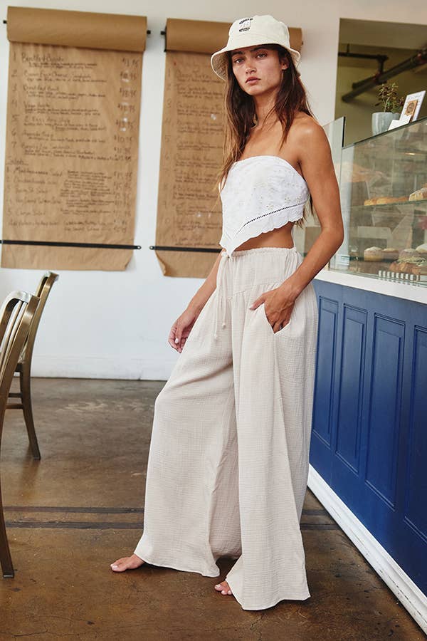 BUCKETLIST - P5548 Wide Leg Flattering Drape Solid Cotton Gauze Pants: Brown / S-M-L (2-2-2)