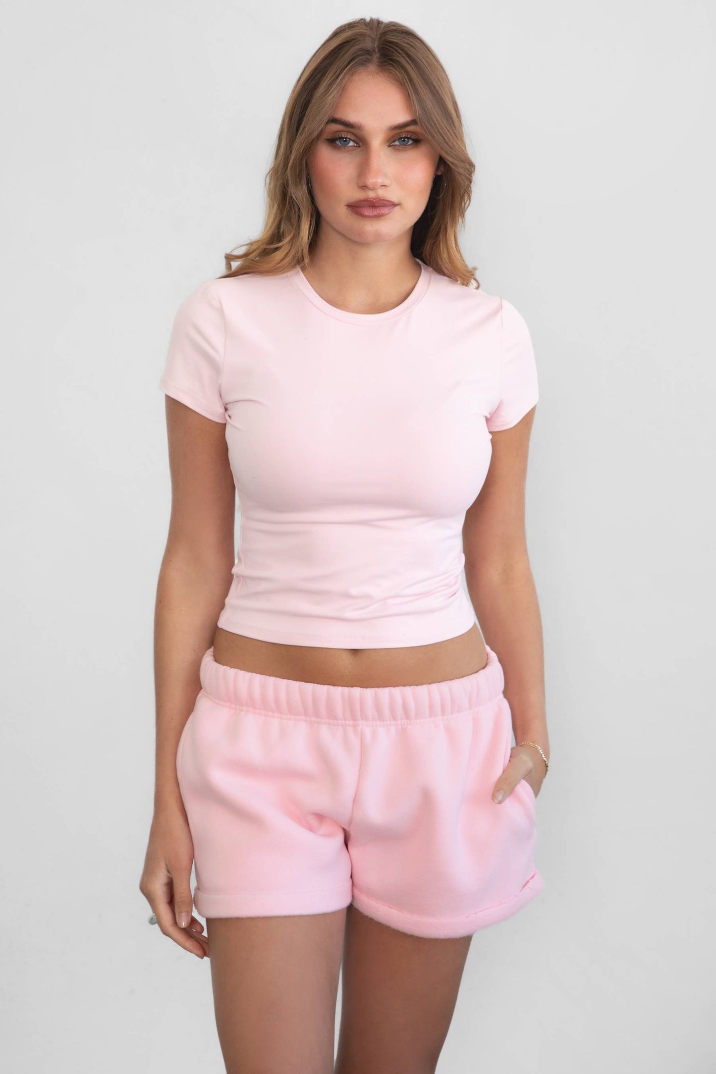 TICTOC - ARIET Brushed Poly Elevated Round Neck Short Sleeve Top : Blush / 3 SMALL 2 MEDIUM 1 LARGE