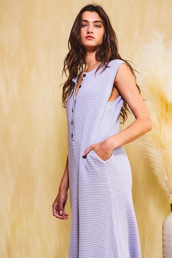 BUCKETLIST - IR5426 Wide Leg Button-up Loose Fit Solid Sweater Jumpsuit: HEATHER GREY / S-M-L (2-2-2)