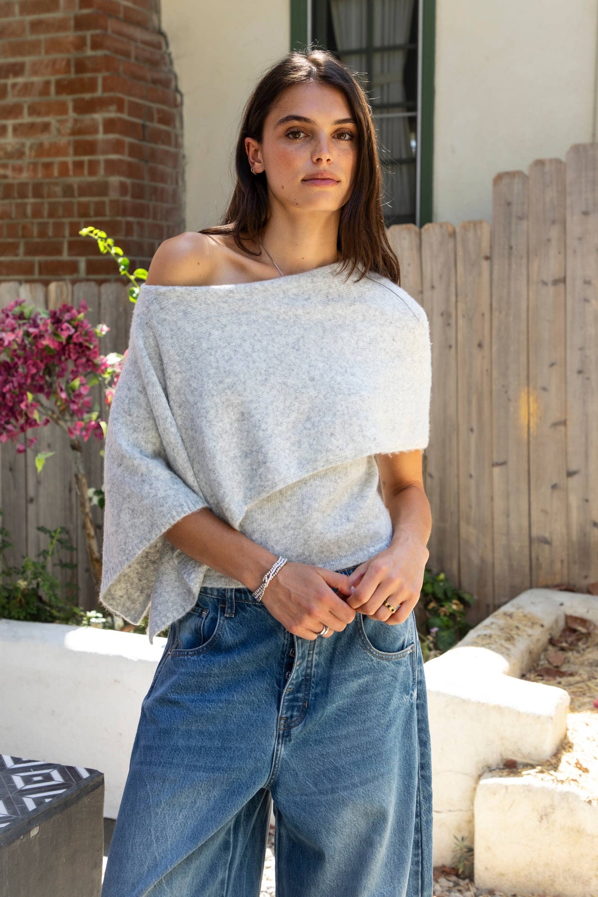 TICTOC - AINSLEY Off Shoulder Asymmetric Knit Poncho Sweater: MARLED GREY / 3 SMALL • 2 MEDIUM • 1 LARGE