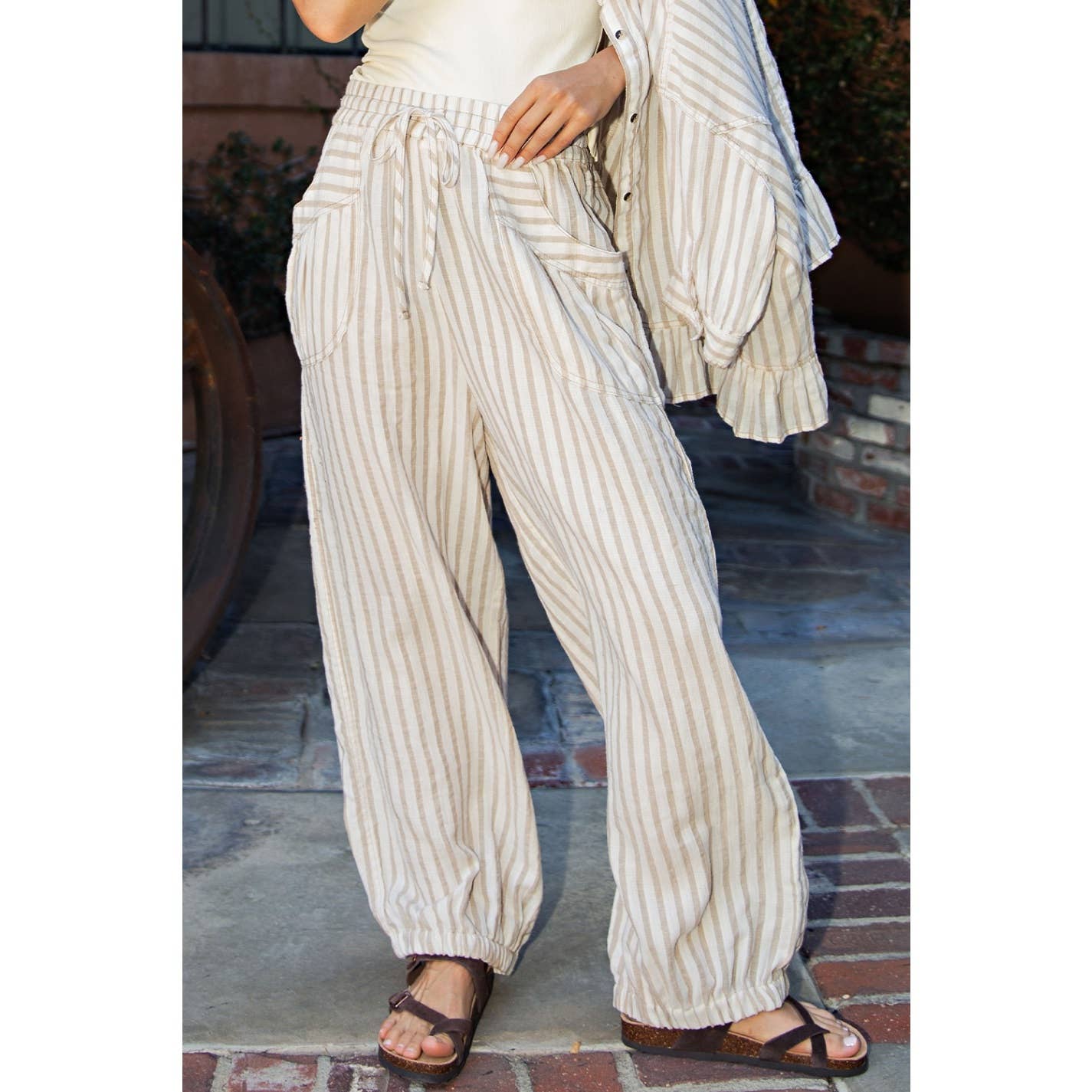 COTIERRA - STRIPE SOFT WASH LINEN BLENDED PANTS: Pink/Natural / S-M-L(2-2-2)