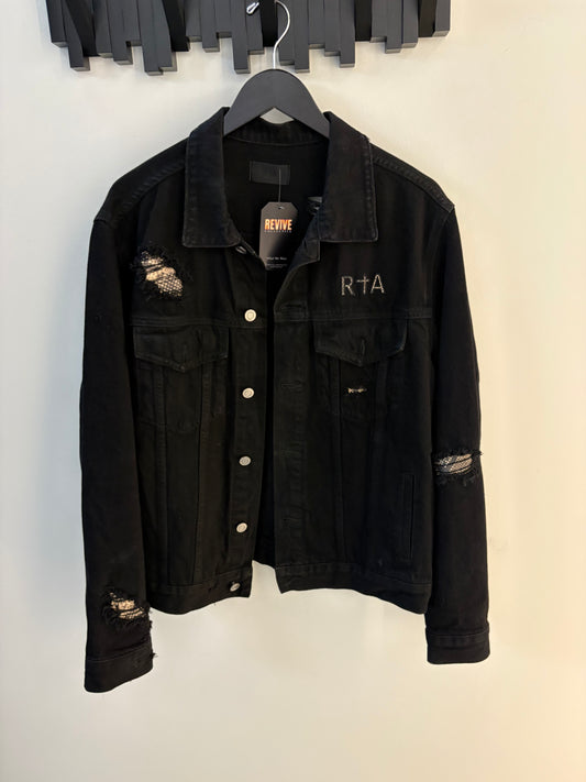 RtA Road to Awe Black Distressed Denim Trucker Jacket Embroidered Logo