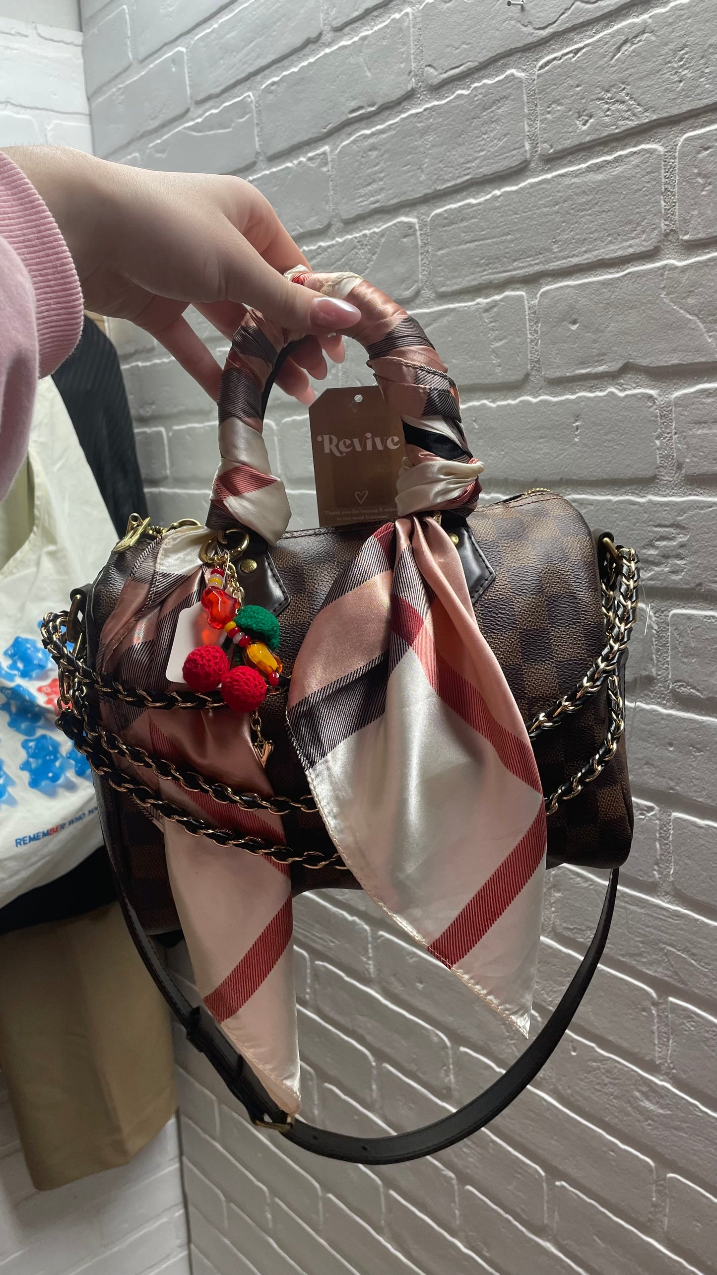 Designer-Style Purse Charm Bundle – Satin Scarf, Gold Chain Strap & Cherry Bag Charm