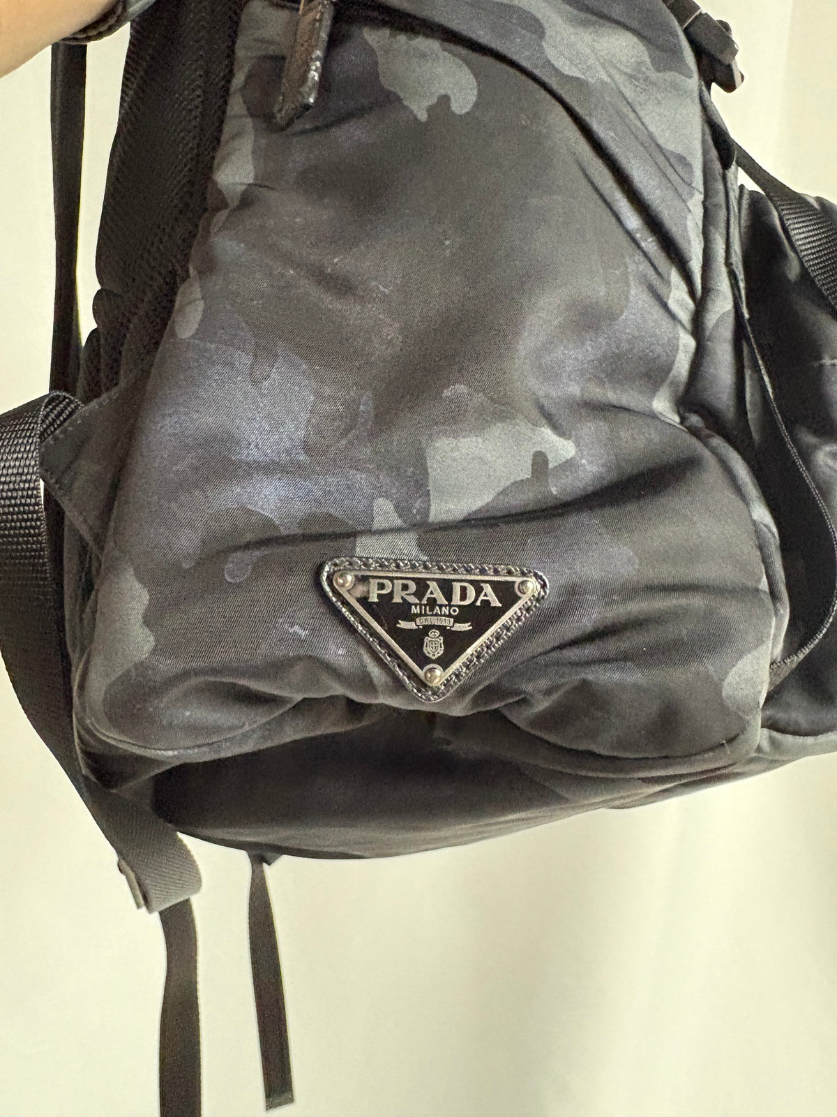 Prada Tessuto Nylon Camouflage Double Buckle Backpack Fumo