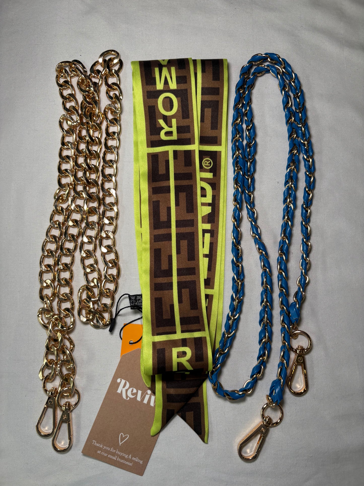 Luxury Purse Charm Bundle – Gold Chain Strap, Blue Chain Strap & Monogram Satin Scarf