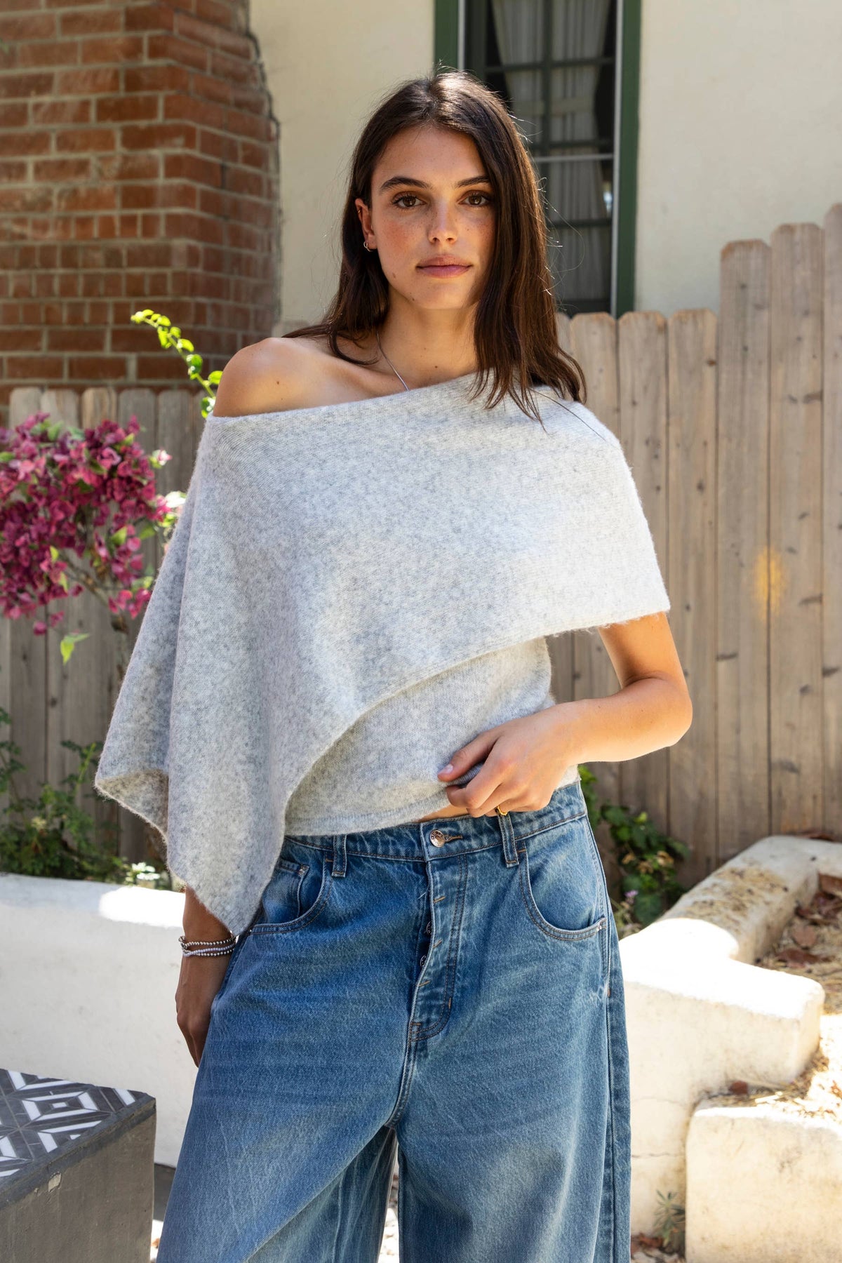 TICTOC - AINSLEY Off Shoulder Asymmetric Knit Poncho Sweater: MARLED GREY / 3 SMALL • 2 MEDIUM • 1 LARGE