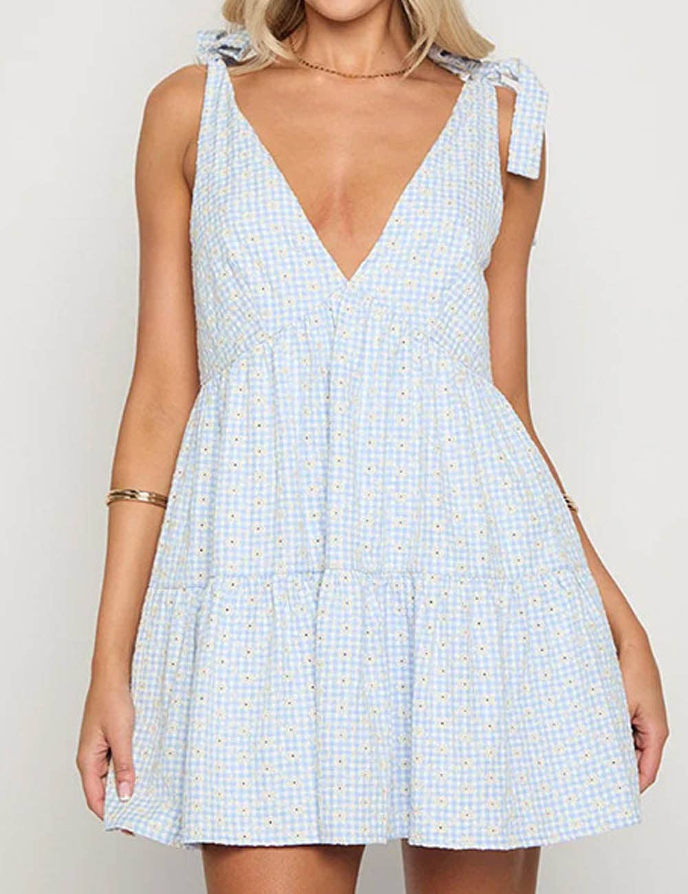 Dipped Shop - Casual Plaid Tie-Strap V-Neck Mini Dress DP25D577: Black / M