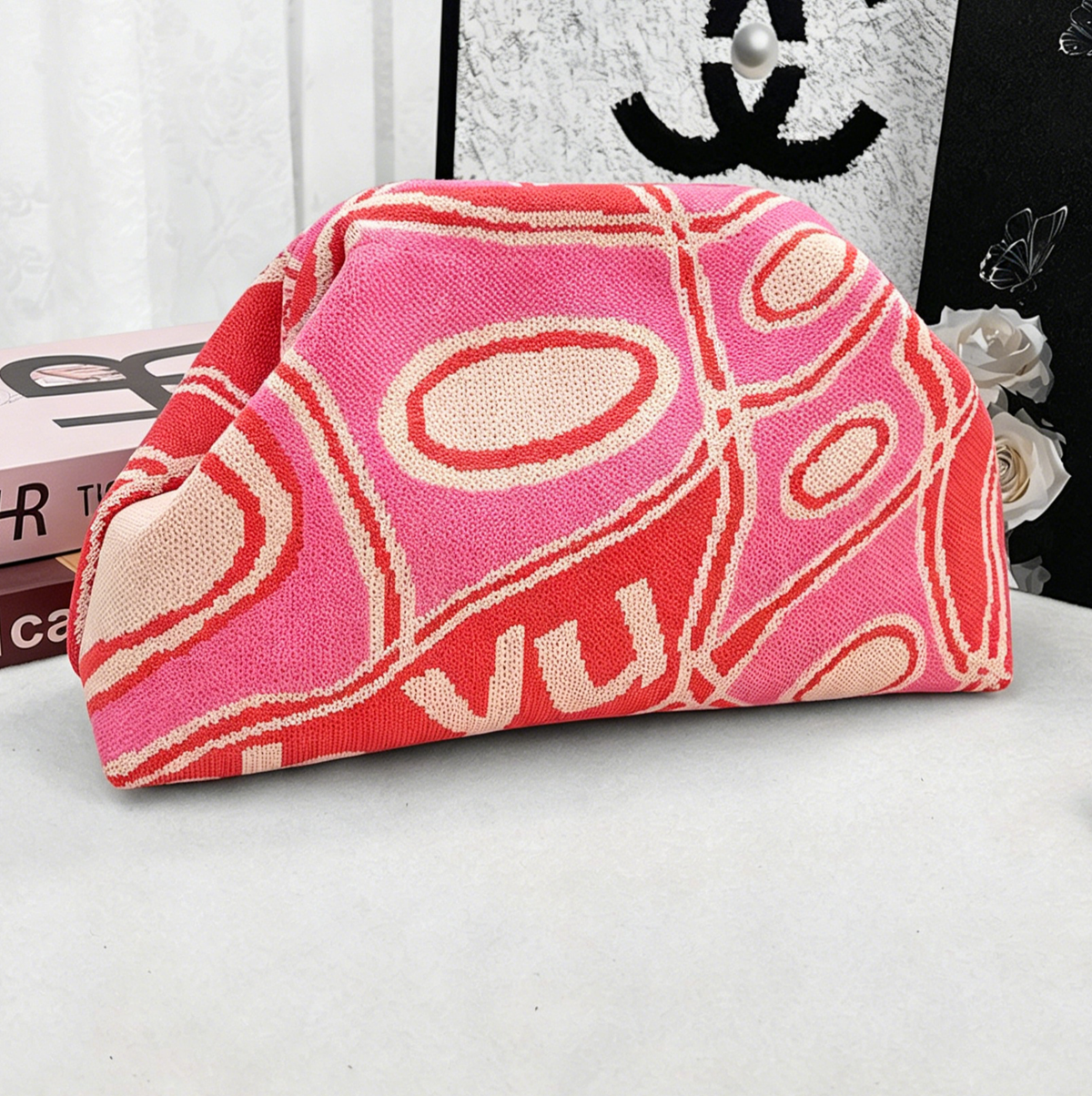 MKS America - Stripe Knit Cosmetic Bag Geo Pattern Storage Clutch: JRed / M