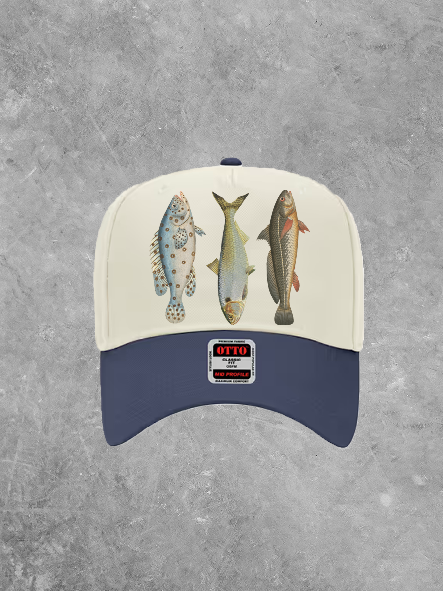 The Clandestine Underground - 3 Colorful Fish, Summer Baseball Trucker Hat: Natural / Navy