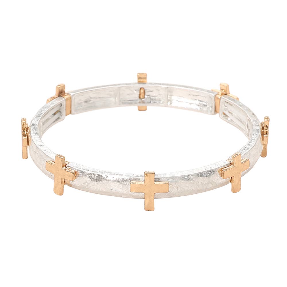 Sensibling Corp. - Hammered Brushed Metal Cross Accent Stretch Bracelet: Worn Gold