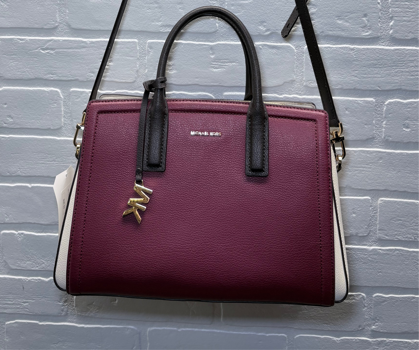 Michael Kors Colorblock Leather Satchel Crossbody Bag – Burgundy, Black & Cream