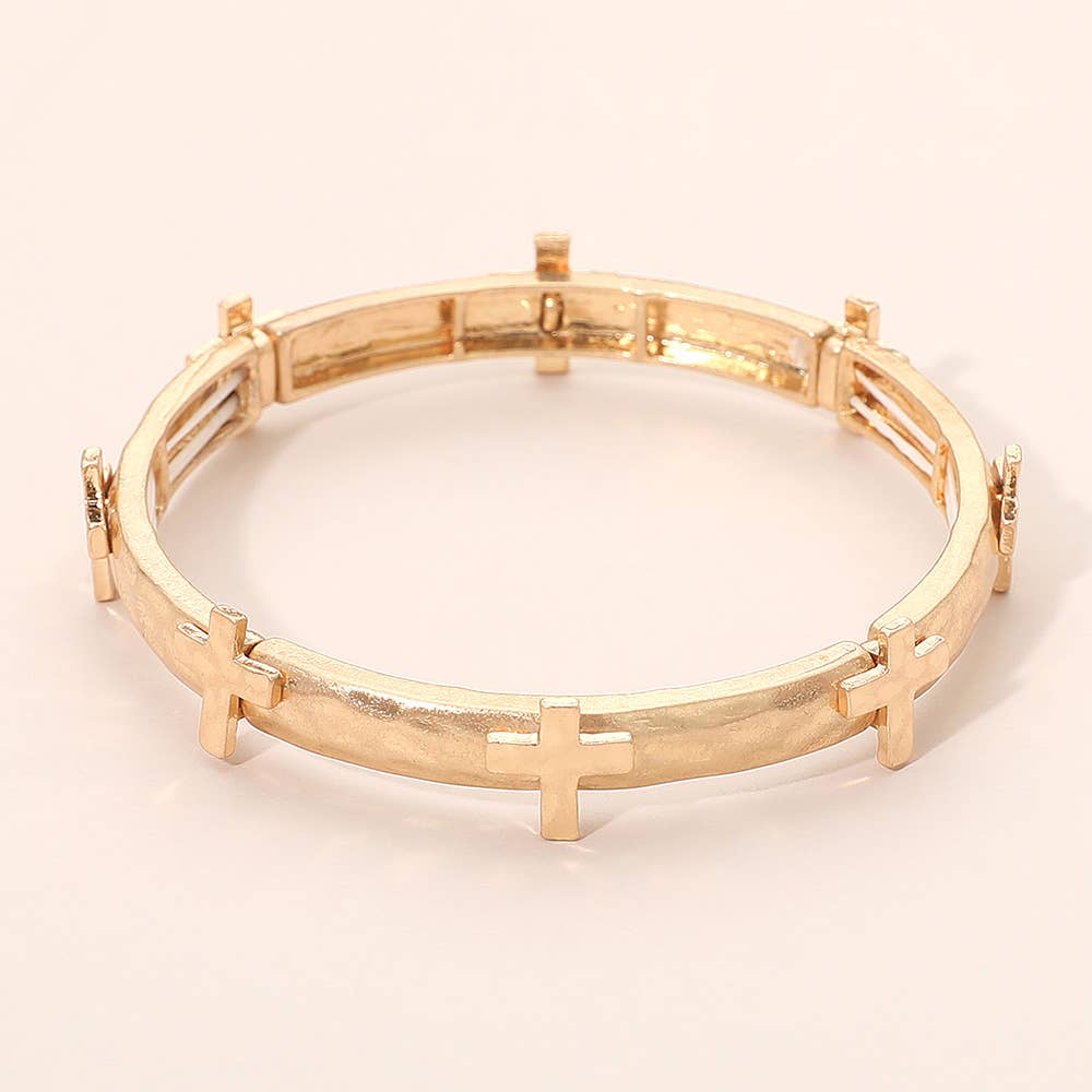 Sensibling Corp. - Hammered Brushed Metal Cross Accent Stretch Bracelet: Worn Gold
