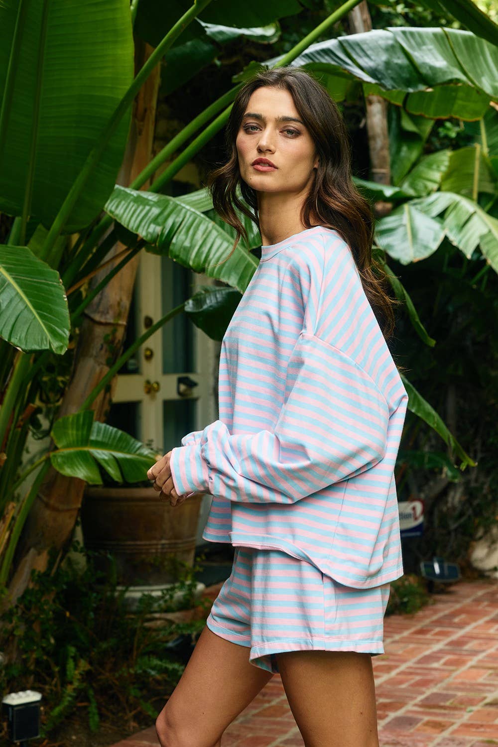 BUCKETLIST INC - IT2819 | Oversized Semi Crop Striped T-shirt Top: GREY/IVORY / S-M-L (2-2-2)