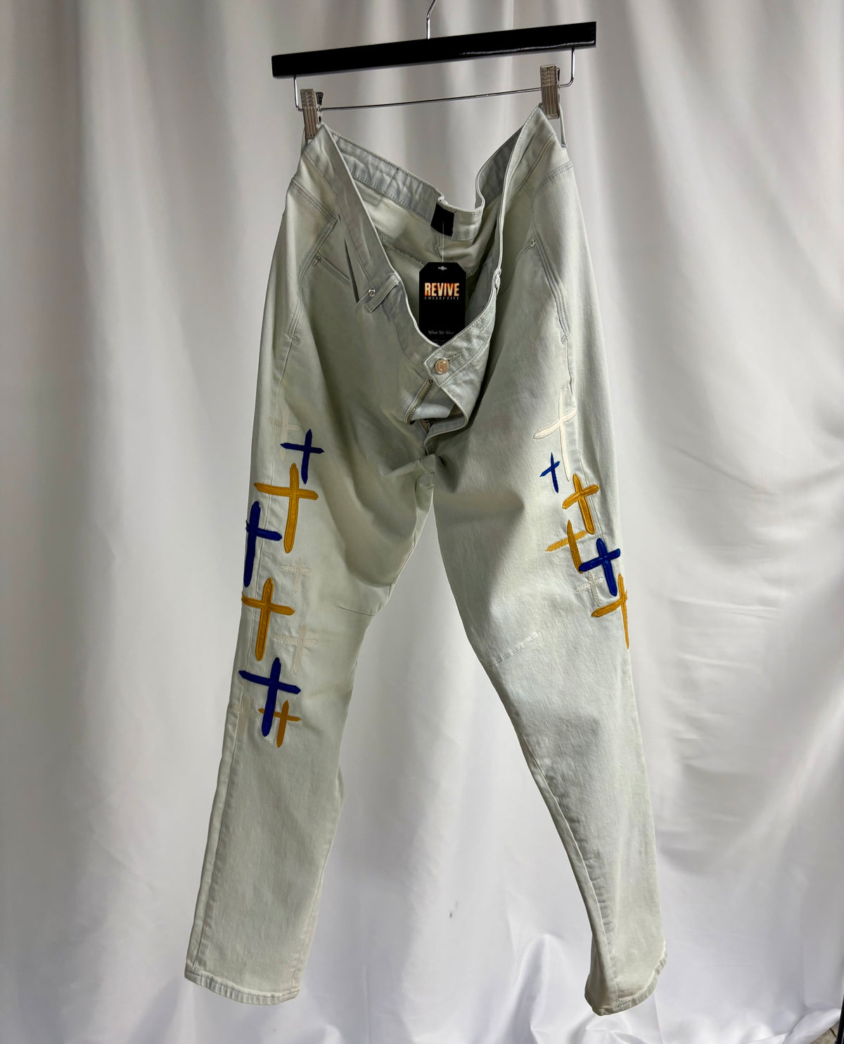 RtA Bryant Cross Embroidered Skinny Jeans Men’s Light Blue Designer Denim