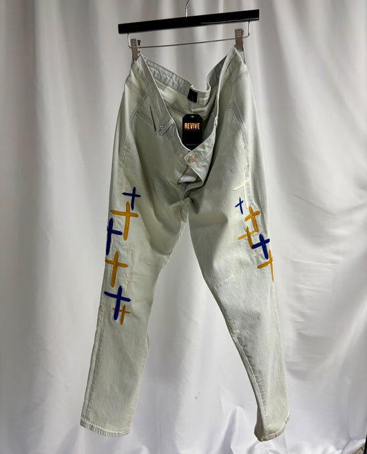 RtA Bryant Cross Embroidered Skinny Jeans Men’s Light Blue Designer Denim