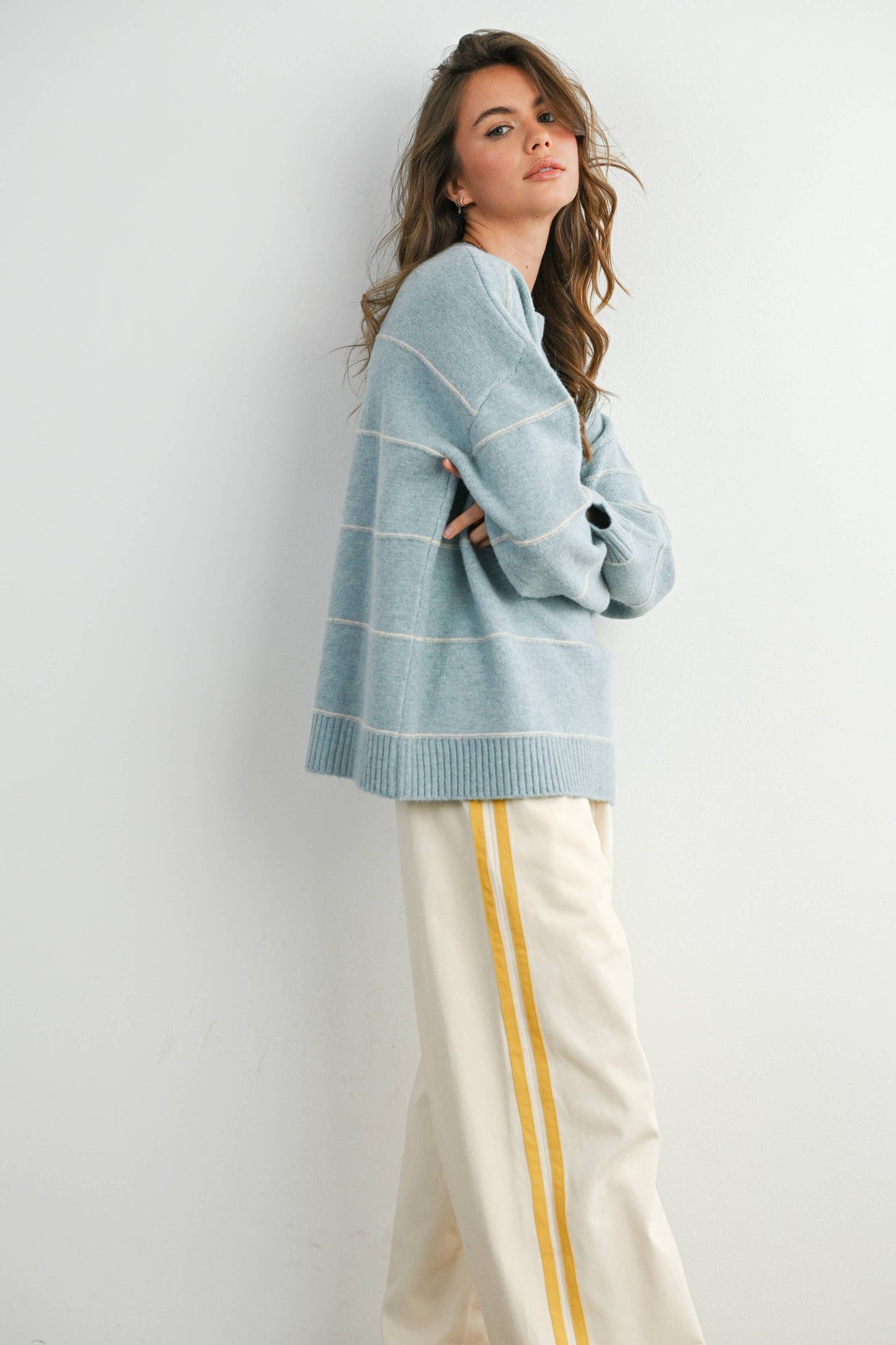 BUTTERMELON - Striped Pattern Drop Shoulder Sweater - BMW7421: MARIGOLD MULTI / M