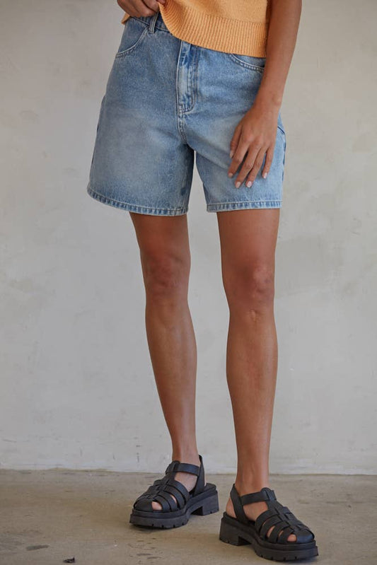 By Together - BD281 | Denim Straight Leg Shorts: Medium Denim / S
