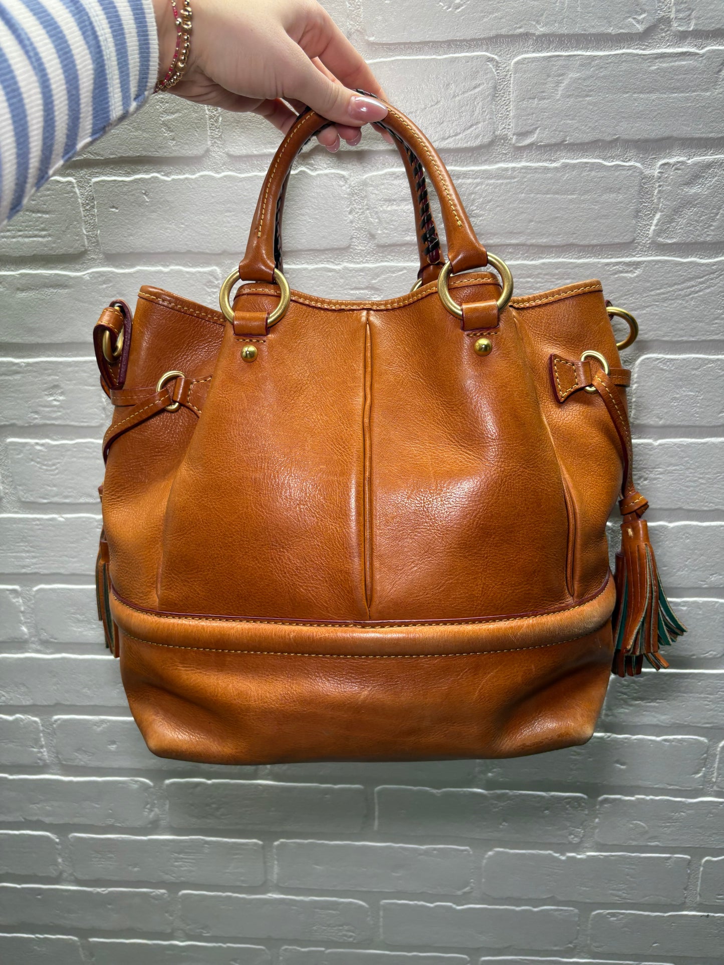 Dooney & Bourke Brown Leather Drawstring Bucket Bag with Tassels