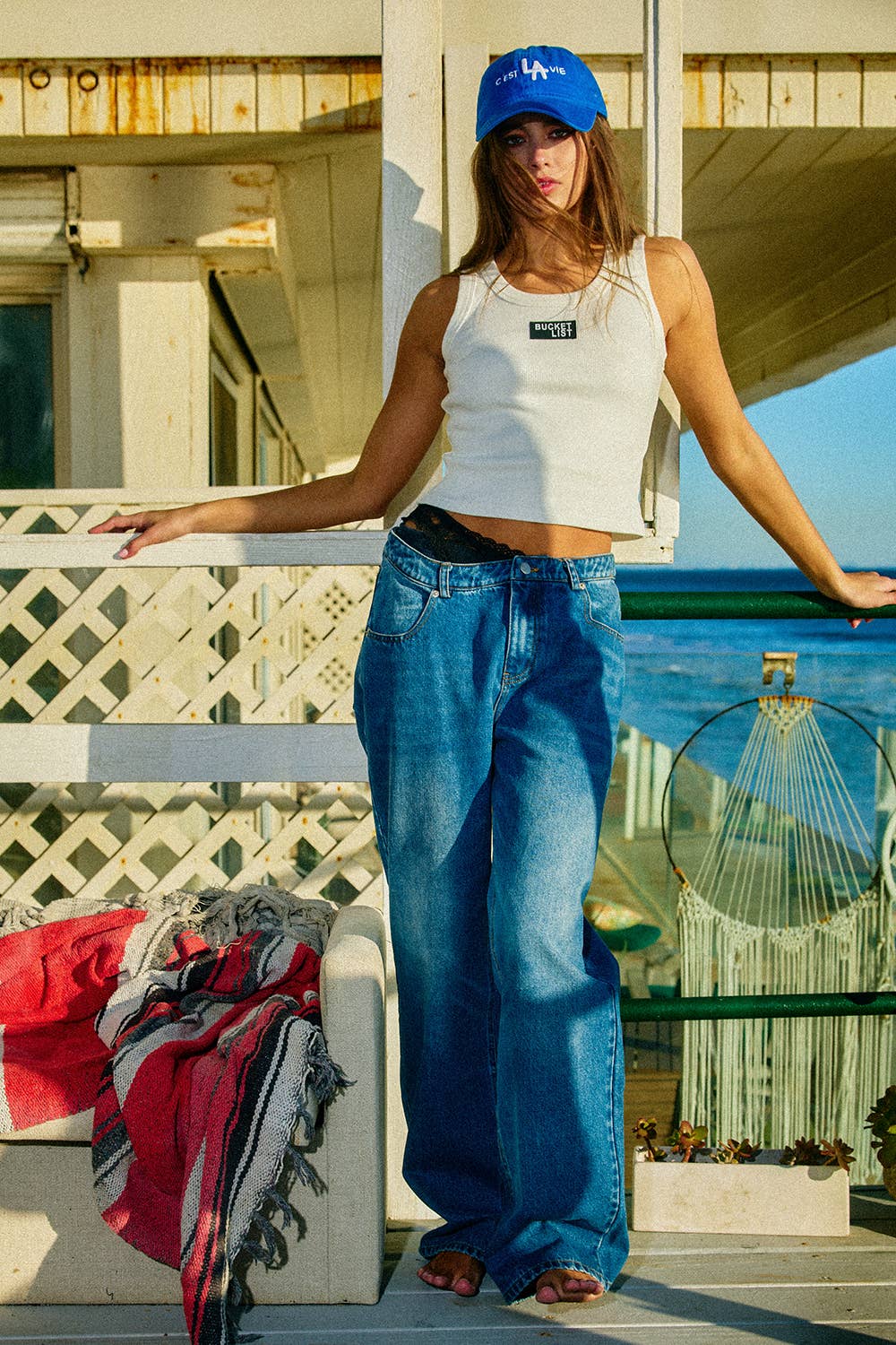 BUCKETLIST INC - IT2874 'BUCKETLIST' Letter Patched Ribbed Tank Top: White / S-M-L (2-2-2)
