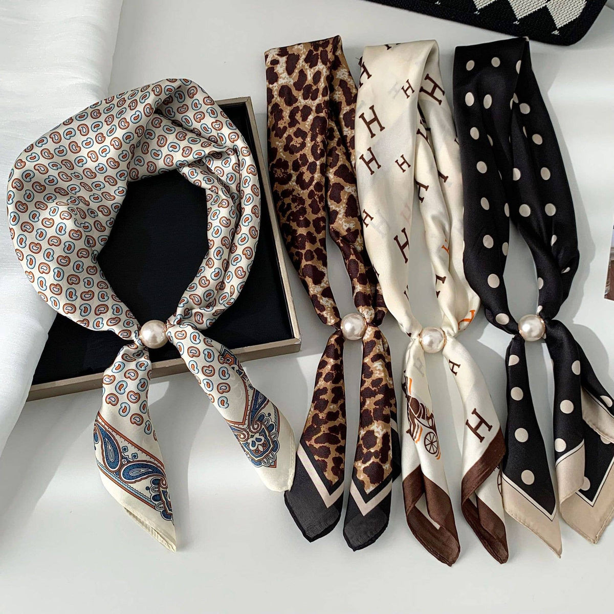 MKS America - Elegant Printed Pearl Magnetic Clasp Scarf: NO-5 / M