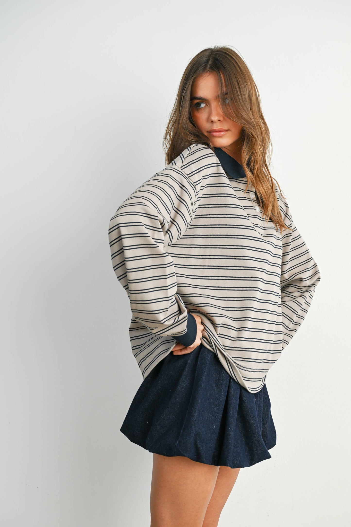 BUTTERMELON - Quarter-Button Striped Collared Long Sleeve Top - BMT7874: IVORY / BLACK / L